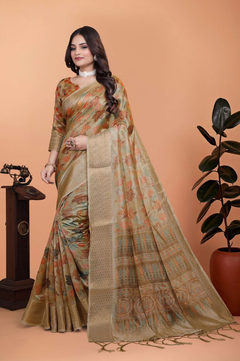 Home 56 Elegant Women Silk Saree – Premium Golden Beige Soft Silk with Autumn Leaf Print & Regal Traditional Pallu