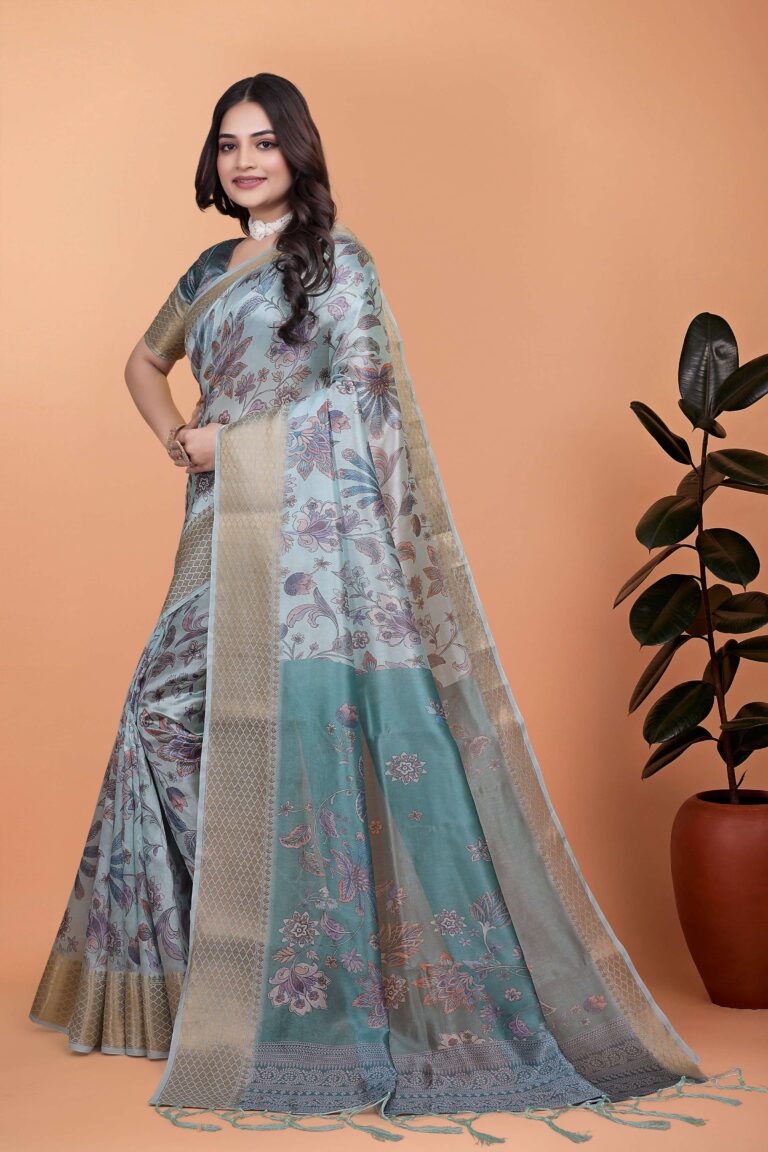 Home 57 Elegant Soft Silk Sarees – Premium Pastel Blue & Teal Floral Weave with Golden Zari Border & Pallu