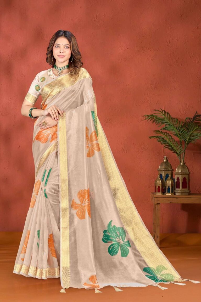 Home 49 Elegant Reception Saree for Women – Premium Beige Soft Silk with Floral Print & Golden Zari Border