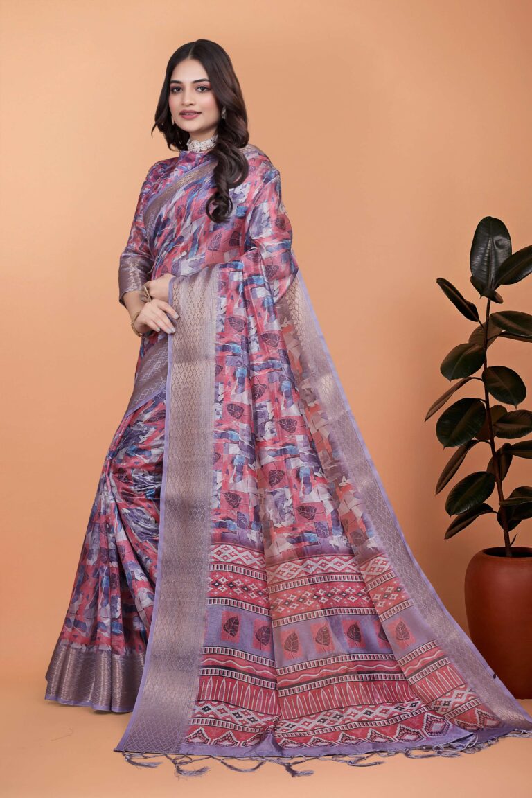 Home 61 Elegant New Trend Sarees – Premium Mint Green Linen Cotton with Pink Floral Prints & Tassel Border
