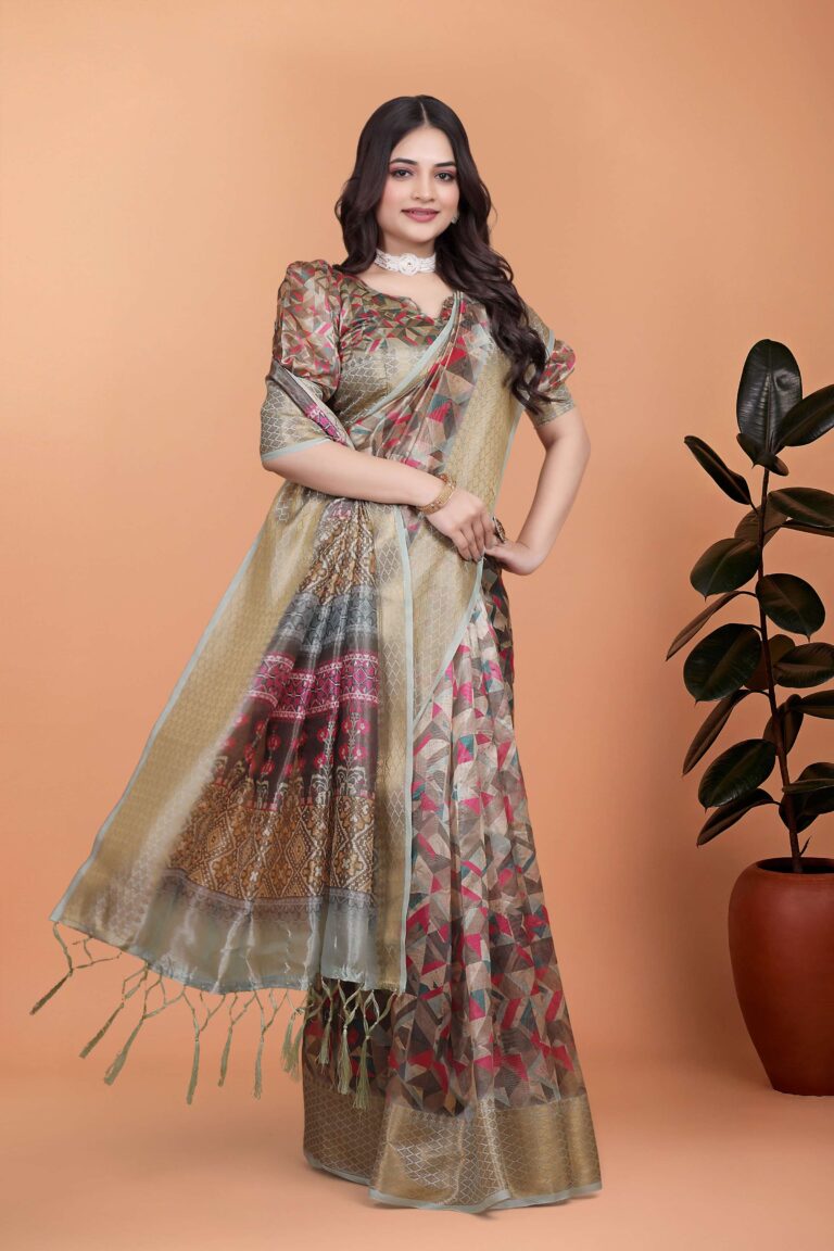 Home 50 Elegant Party Wear Saree – Premium Golden Beige Soft Silk with Pink Ornamental Pallu & Zari Border