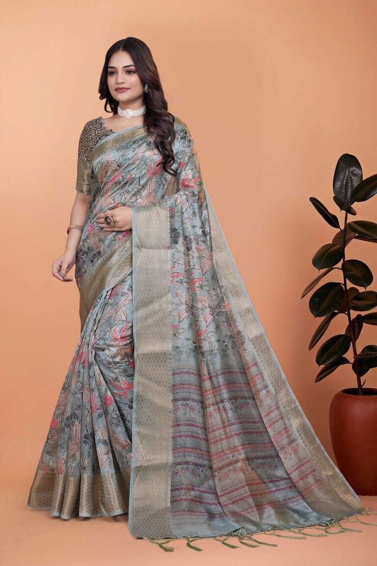 Home 58 Elegant Pure Silk Saree – Premium Blue-Green Floral Print with Golden Zari Border & Pastel Pallu