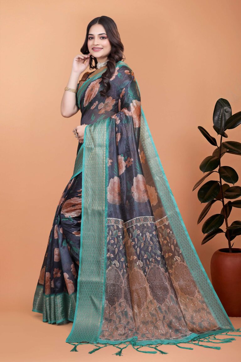 Home 51 Elegant Printed Silk Sarees – Premium Midnight Blue Soft Silk with Peach Floral Print & Aqua Zari Border
