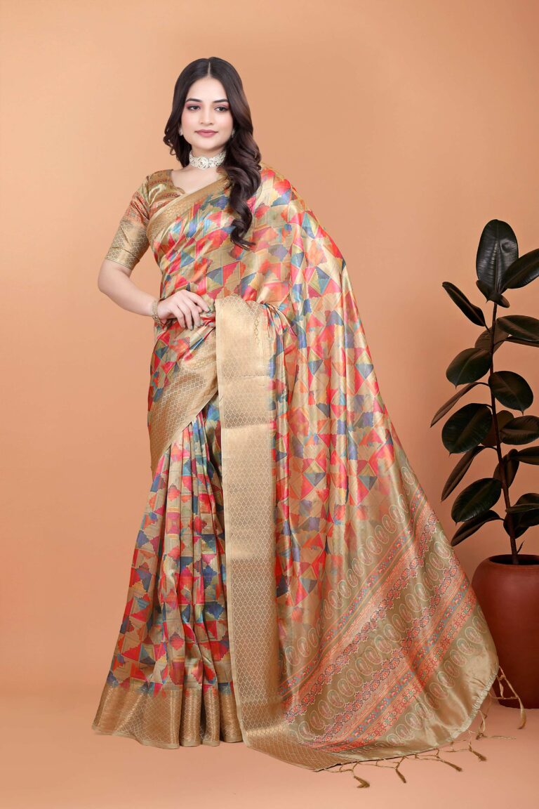 Home 53 Elegant Multicolor Saree – Premium Golden Soft Silk with Geometric Weave & Ornate Paisley Pallu