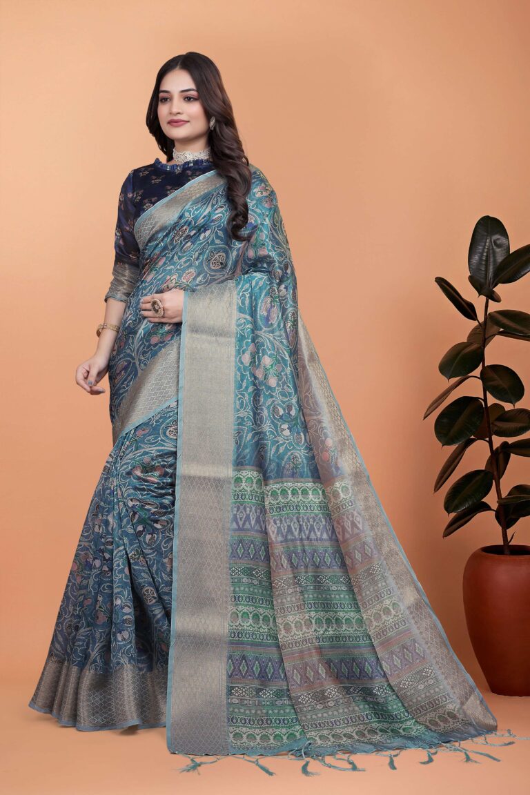 Home 54 Elegant Saree for Party – Premium Peacock Blue Soft Silk with Floral Zari Weave & Multicolor Pallu