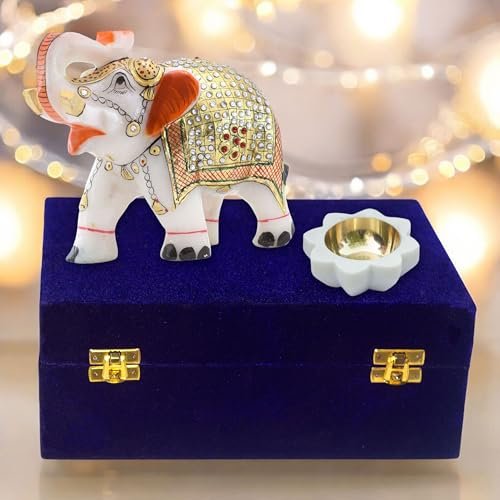 Diwali Gift Set with Handcrafted 5-Inch Marble Elephant & 3-Inch Marble Diya - Ideal for Home Decor, Vastu, Feng Shui, Weddings, Housewarming & Corporate Gifts
