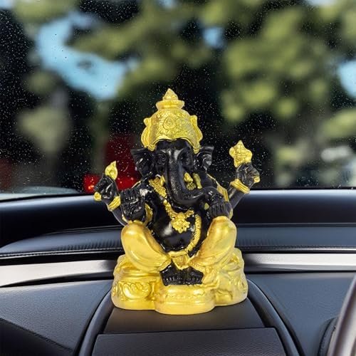 Divine Lord Ganesha Idol Dashboard Showpiece | 5-Inch Auspicious Statue for Car, Home Temple, Living Room Decor | Black & Gold (Black-Gold)