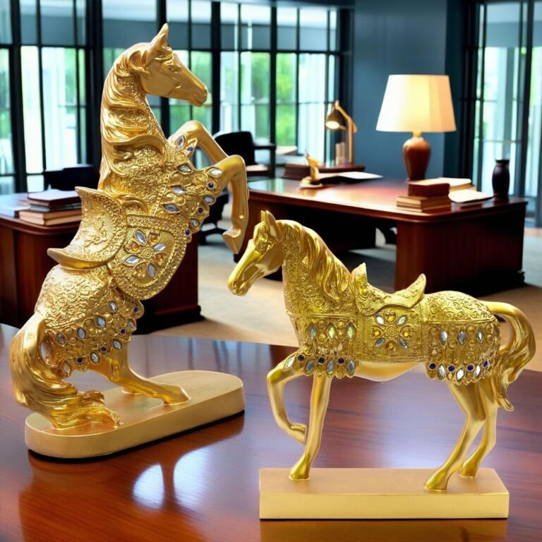 Imperial Golden Horse Pair 13 Inch & 10 Inch, Luxury Bejewelled Poly Resin Horse Statue Set of 2, Royal Vastu Feng Shui Showpiece for Living Room, Office Desk, Diwali & Housewarming Gift
