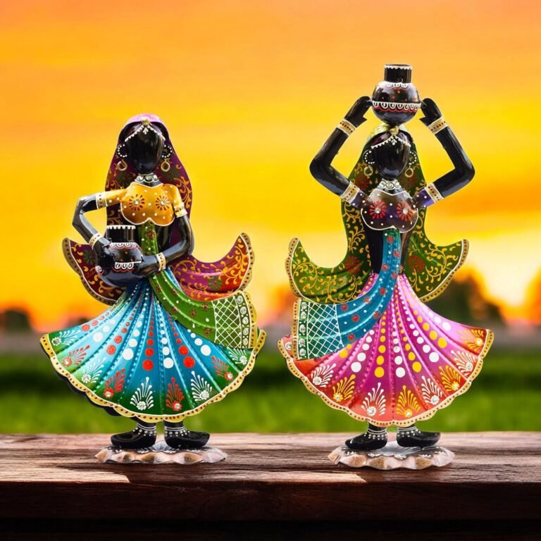 Handcrafted Rajasthani Ethnic Village Girl Dolls Figurine - Set of 2 | Vibrant 16" Metal Showpiece for Home Decor | Ideal Gift for Housewarming, Weddings, Diwali