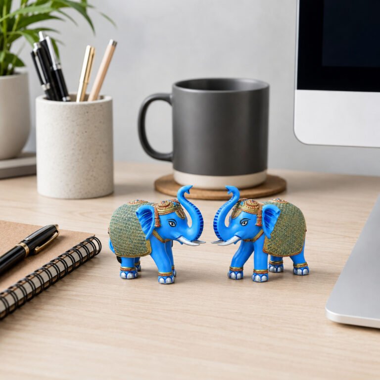 Blue Gold Mini Elephant Showpiece Pair, Car Dashboard, 3 Inch