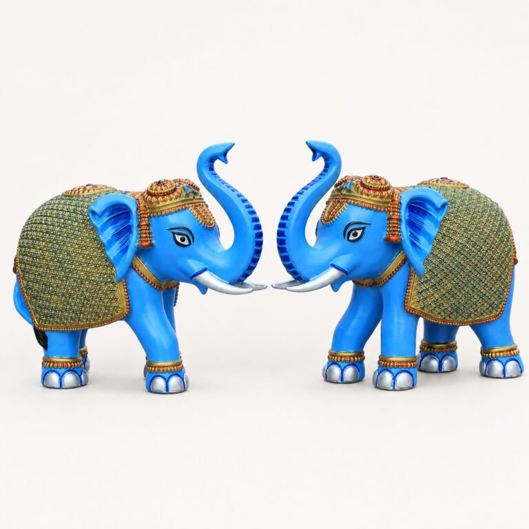 Blue Gold Elephant Showpiece Pair, Home Temple Decor, 5 Inch