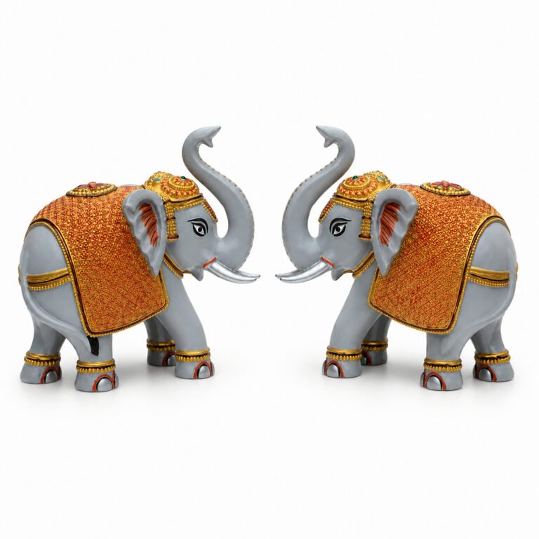 Grey Gold Elephant Showpiece Pair, Home Temple Decor, 5 Inch