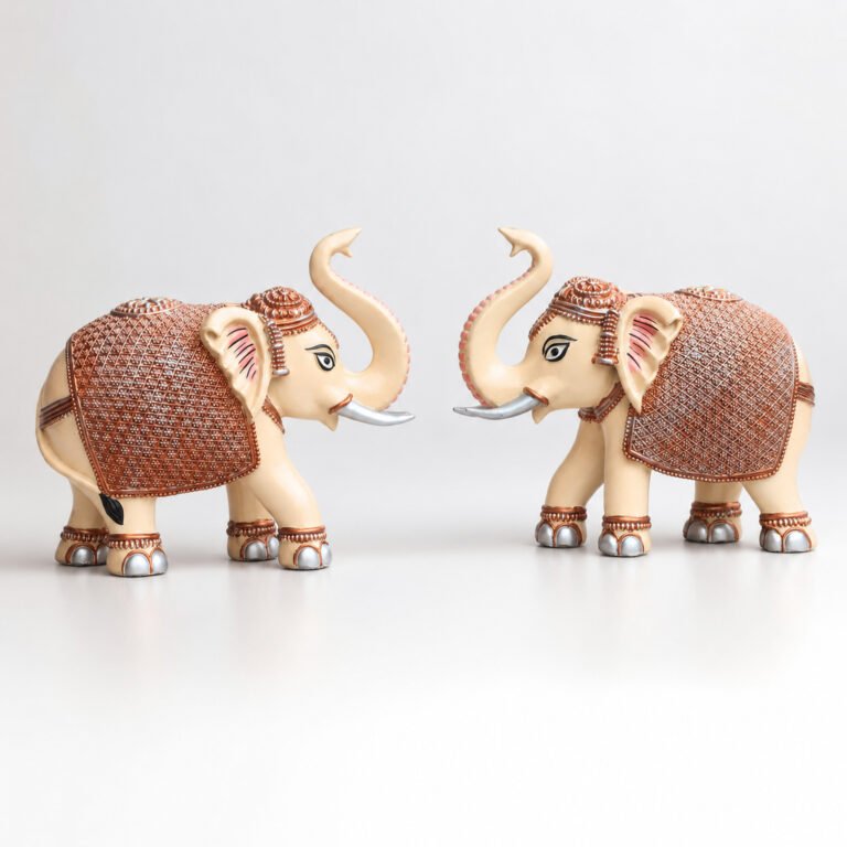 Peach Cream Elephant Showpiece Pair, Home Temple Decor, 5 Inch