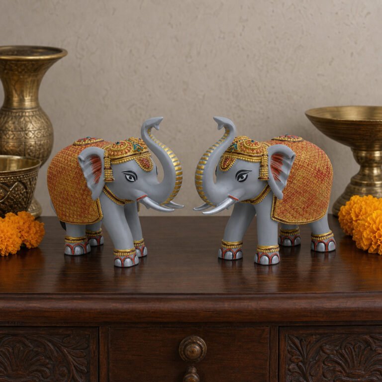 Grey Gold Elephant Statue Showpiece Pair, Marble Dust, 8 Inch