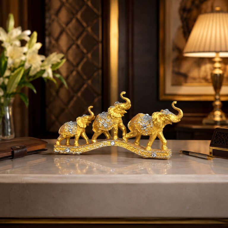 Gold Elephant Family Showpiece, 3 Elephants, Resin, 13 Inch